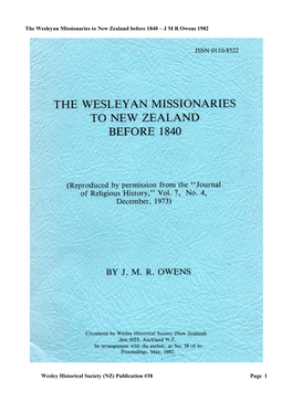 The Wesleyan Missionaries to New Zealand Before 1840 – JMR Owens
