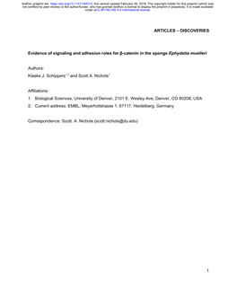 Evidence of Signaling and Adhesion Roles for Β-Catenin in the Sponge Ephydatia Muelleri ​