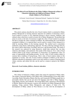 The Role of Local Wisdom in the Malay Folklore Mempawah As Base of Character Education on Children in Primary School (Study Folklore in West Borneo)