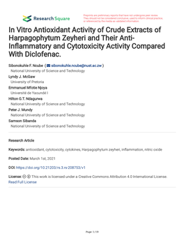 In Vitro Antioxidant Activity of Crude Extracts of Harpagophytum Zeyheri and Their Anti- Infammatory and Cytotoxicity Activity Compared with Diclofenac
