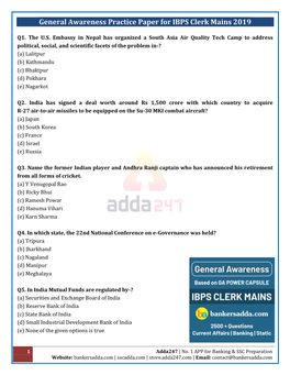 General Awareness Practice Paper for IBPS Clerk Mains 2019