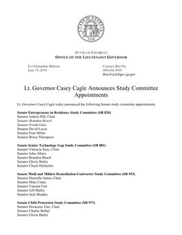 Lt. Governor Casey Cagle Announces Study Committee Appointments