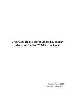 List of Schools Eligible for School Foundation Allocation for the 2012‐13 School Year