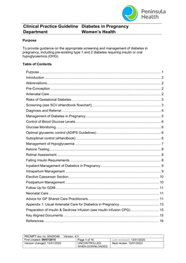 Clinical Practice Guideline Diabetes in Pregnancy Department Women's Health