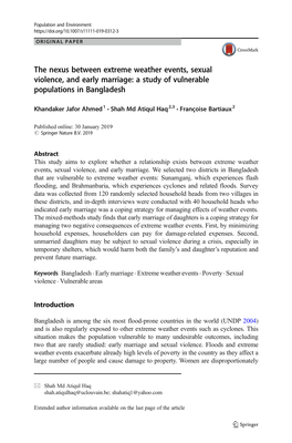 The Nexus Between Extreme Weather Events, Sexual Violence, and Early Marriage: a Study of Vulnerable Populations in Bangladesh