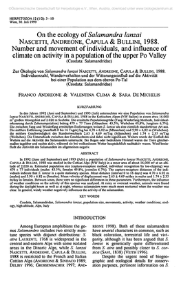 On the Ecology of Salamandra Lanzai NASCETTI, ANDREONE, CAPULA & BULLINI, 1988