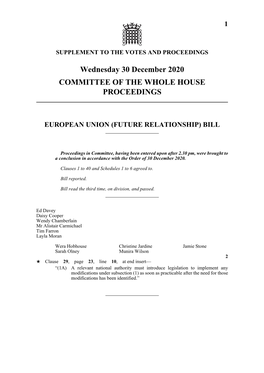 Committee of the Whole House Proceedings As at 30 December 2020