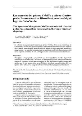 Crisilla Y Aﬁnes (Gastro- Poda: Prosobranchia: Rissoidae) En El Archipié- Lago De Cabo Verde