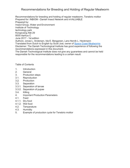 Recommendations for Breeding and Holding of Regular Mealworm