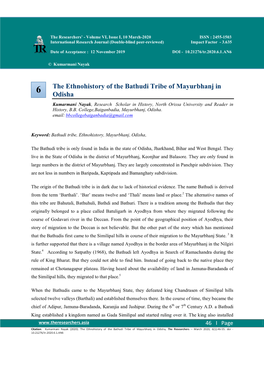 The Ethnohistory of the Bathudi Tribe of Mayurbhanj in Odisha, the Researchers – March 2020, 6(1):46-55