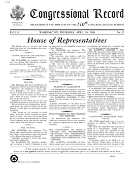 Congressional Record United States Th of America PROCEEDINGS and DEBATES of the 110 CONGRESS, SECOND SESSION