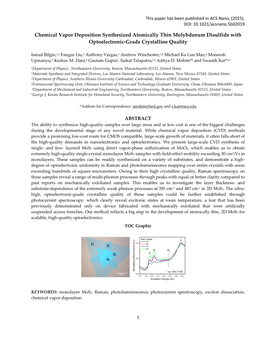 Chemical Vapor Deposition Synthesized Atomically Thin Molybdenum Disulfide with Optoelectronic-Grade Crystalline Quality