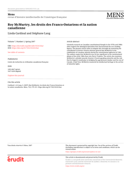 Roy Mcmurtry, Les Droits Des Franco-Ontariens Et La Nation Canadienne Linda Cardinal and Stéphane Lang