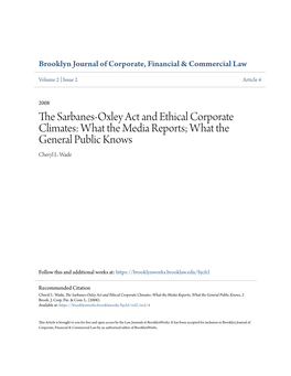 The Sarbanes-Oxley Act and Ethical Corporate Climates: What the Media Reports; What the General Public Knows, 2 Brook