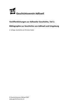 Bibliographie Zur Geschichte Von Adliswil Und Umgebung