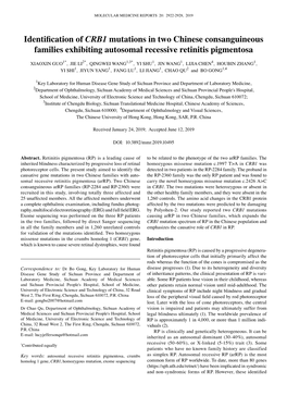 Identification of CRB1 Mutations in Two Chinese Consanguineous Families