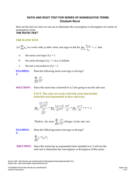 RATIO and ROOT TEST for SERIES of NONNEGATIVE TERMS Elizabeth Wood