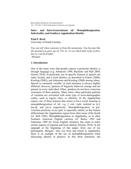 Inter- and Intra-Generational /Aɪ/ Monophthongization, Indexicality, and Southern Appalachian Identity