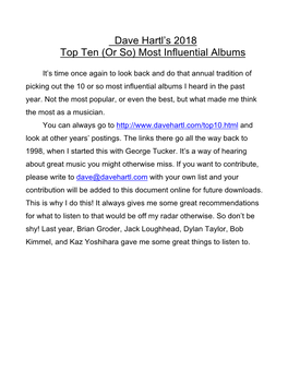 Dave Hartl's 2018 Top Ten (Or So) Most Influential Albums