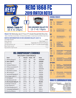 Reno 1868 Fc 2019 Match Notes Schedule/Results