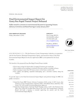 Final Environmental Impact Report for Geary Bus Rapid Transit Project Released