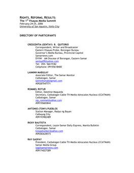 The 1St Visayas Media Summit DIRECTORY of PARTICIPANTS