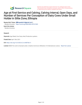 Age at First Service and Calving, Calving Interval, Open Days, and Number of Services Per Conception of Dairy Cows Under Small Holder in Siltie Zone, Ethiopia