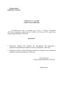 Krajowa Rada Radiofonii I Telewizji UCHWAŁA Nr 147/2006 Z Dnia 23