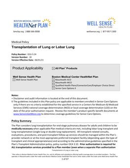 Transplantation of Lung Or Lobar Lung