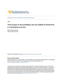 Three Essays on the Profitability, Risk, and Viability of Family Firms in a Developing Economy