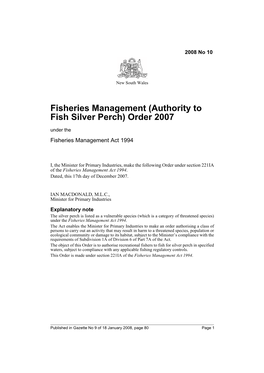 Fisheries Management (Authority to Fish Silver Perch) Order 2007 Under the Fisheries Management Act 1994