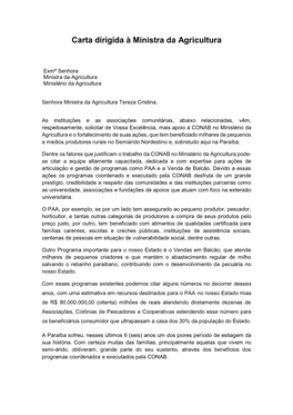 Carta Dirigida À Ministra Da Agricultura