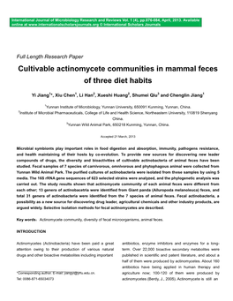 Cultivable Actinomycete Communities in Mammal Feces of Three Diet Habits