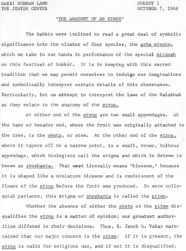 Rabbi Norman Lamm Sukkot I the Jewish Center October 7, 1968 