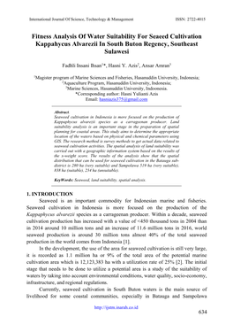 Fitness Analysis of Water Suitability for Seaeed Cultivation Kappahycus Alvarezii in South Buton Regency, Southeast Sulawesi