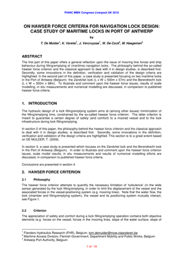 ON HAWSER FORCE CRITERIA for NAVIGATION LOCK DESIGN: CASE STUDY of MARITIME LOCKS in PORT of ANTWERP by 1 1 T