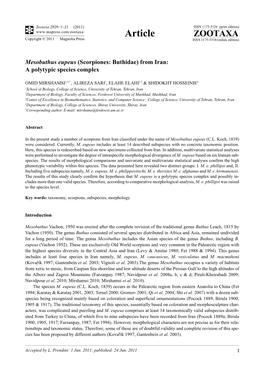 Mesobuthus Eupeus (Scorpiones: Buthidae) from Iran: a Polytypic Species Complex