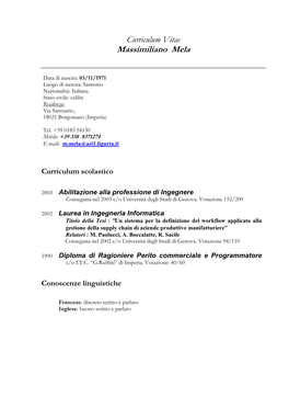 Curriculum Vitae Massimiliano Mela