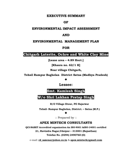 Chitgarh Laterite, Ochre and White Clay Mine Lessee: Smt. Kamlesh