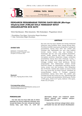 PENGARUH PENAMBAHAN TEPUNG DAUN KELOR (Moringa Oliefera) DAN JUMLAH GULA TERHADAP SIFAT ORGANOLEPTIK KUE SATU