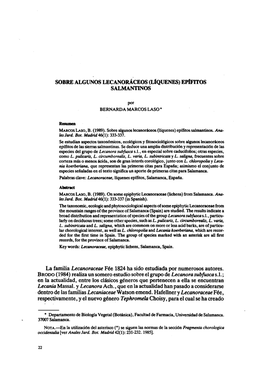 Sobre Algunos Lecanoráceos (Liqúenes) Epífitos Salmantinos