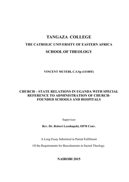 Church – State Relations in Uganda with Special Reference to Administration of Church- Founded Schools and Hospitals