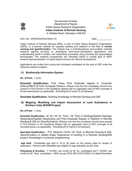 Government of India Department of Space Indian Space Research Organisation Indian Institute of Remote Sensing 4, Kalidas Road, Dehradun–248 001
