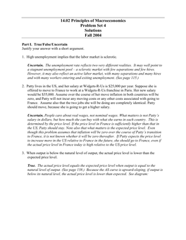 14.02 Principles of Macroeconomics Problem Set 4 Solutions Fall 2004