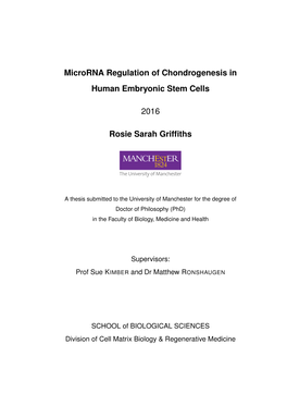 Microrna Regulation of Chondrogenesis in Human Embryonic Stem Cells