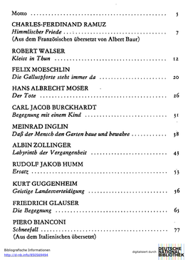 Motto 5 CHARLES-FERDINAND RAMUZ Himmlischer Friede •. • • 7 (Aus Dem Französischen Überset2t Von Albert Baur) ROBERT