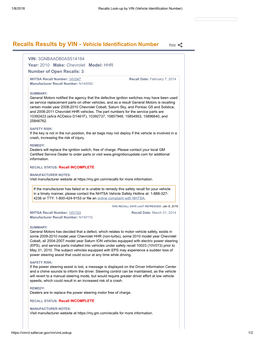 Recalls Results by VIN - Vehicle Identification Number Print