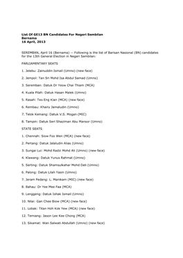 List of GE13 BN Candidates for Negeri Sembilan Bernama 16 April, 2013