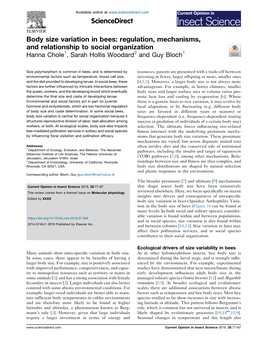 Body Size Variation in Bees: Regulation, Mechanisms, and Relationship To