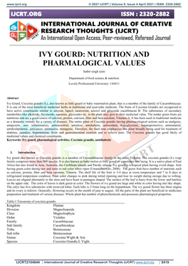 IVY GOURD: NUTRITION and PHARMALOGICAL VALUES Satbir Singh Saini